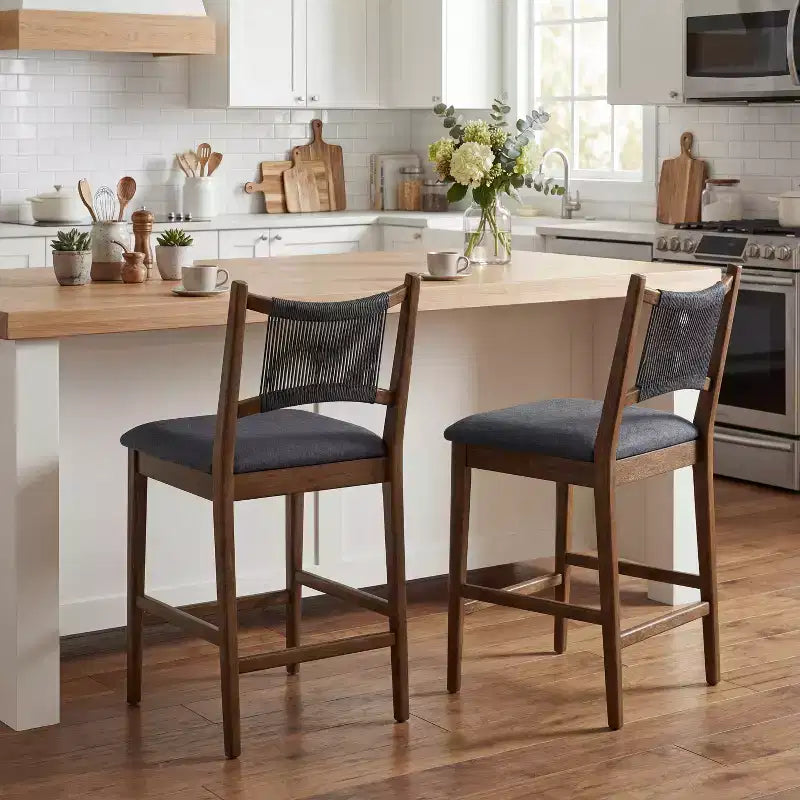 Set of 2 Rubberwood Upholstered Counter Stools with Woven Rope Backrest, 300 LB Capacity