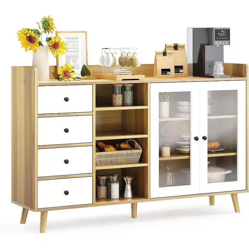Mid Century Modern Buffet Cabinet with Glass Doors & Adjustable Shelves, 55 Rustic Farmhouse Sideboard for Dining Room Kitchen Storage