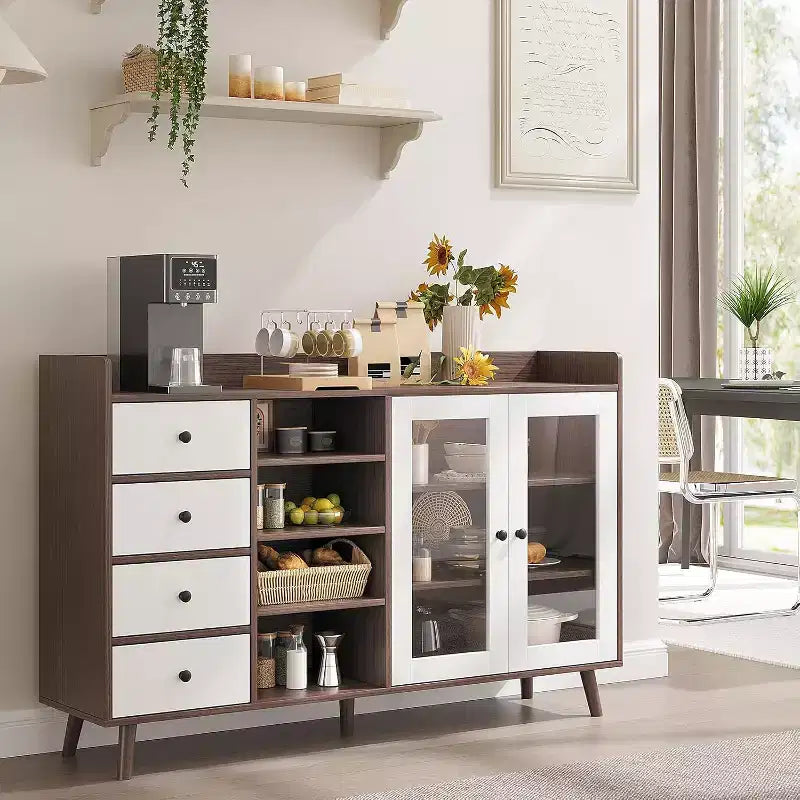 Mid Century Modern Buffet Cabinet with Glass Doors & Adjustable Shelves, 55 Rustic Farmhouse Sideboard for Dining Room Kitchen Storage