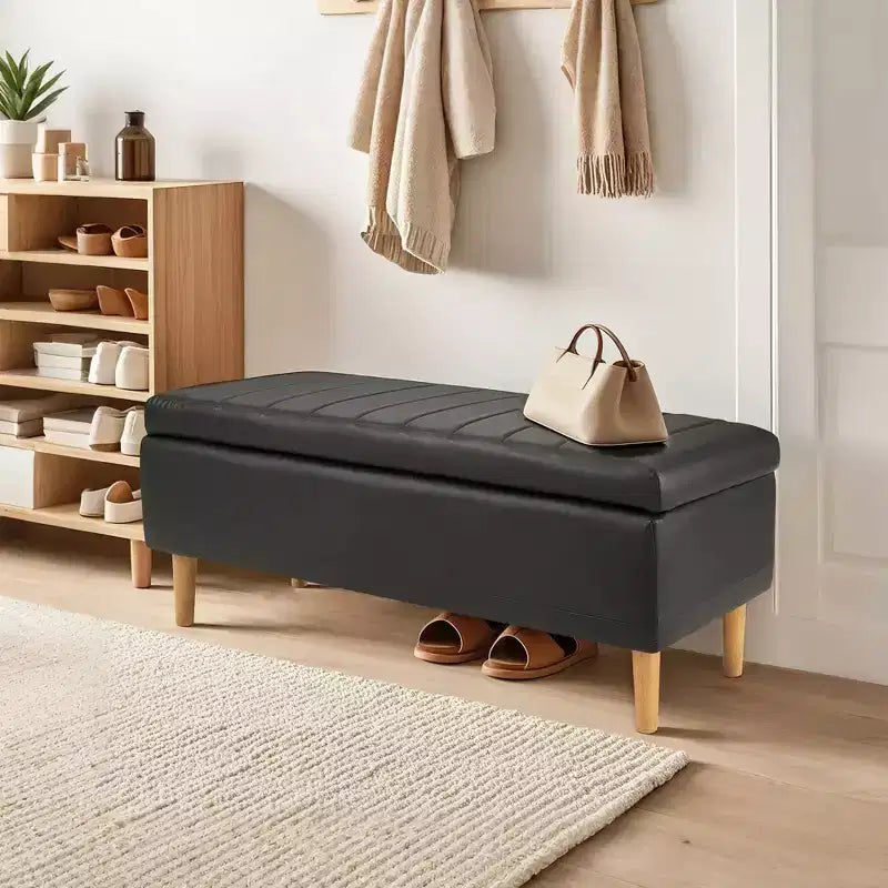 Panca Pouf Contenitore in Moderna Pelle PU 44", Spazio Nascosto Profondo 6,1", Facile da Pulire, Nero