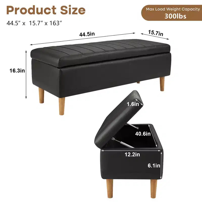 Modern PU Leather Storage Ottoman Bench 44", 6.1" Deep Hidden Storage, Easy to Clean, Black