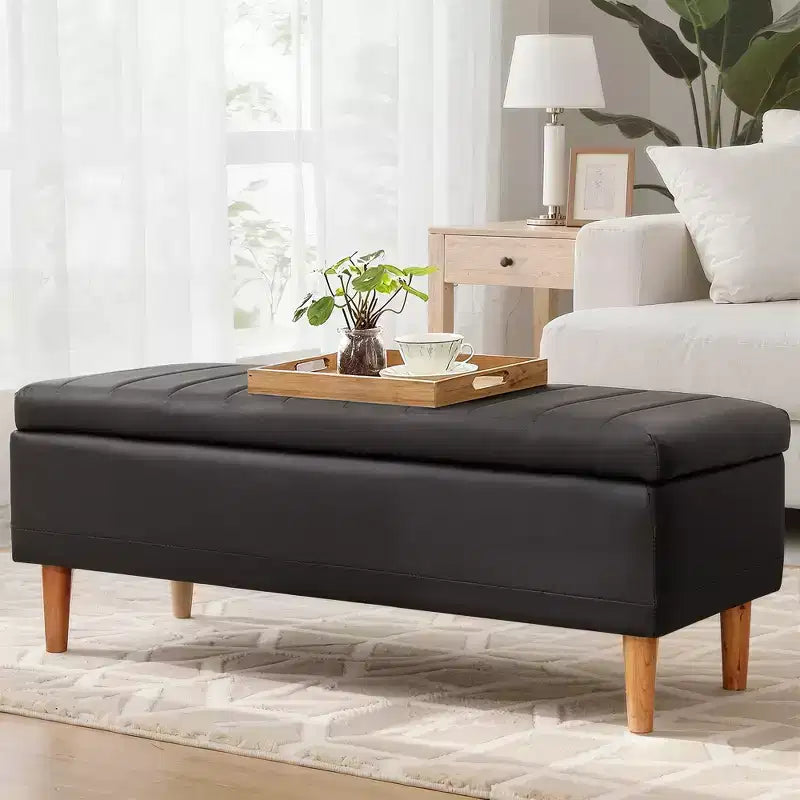Modern PU Leather Storage Ottoman Bench 44", 6.1" Deep Hidden Storage, Easy to Clean, Black