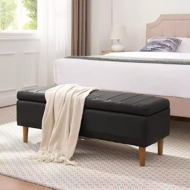 Modern PU Leather Storage Ottoman Bench 44", 6.1" Deep Hidden Storage, Easy to Clean, Black