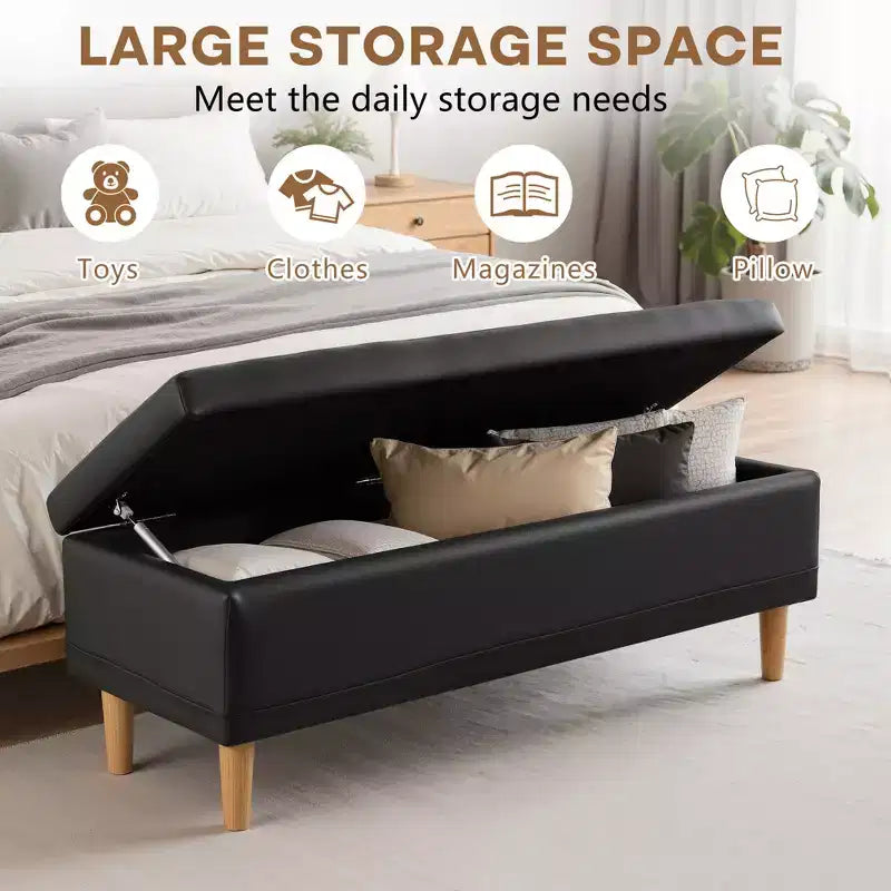 Modern PU Leather Storage Ottoman Bench 44", 6.1" Deep Hidden Storage, Easy to Clean, Black