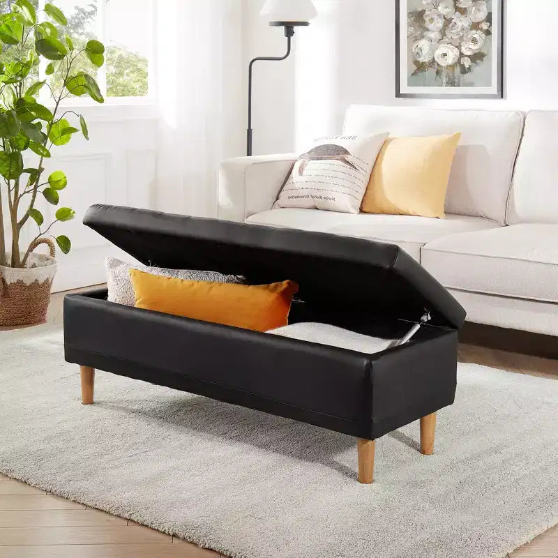 Panca Pouf Contenitore in Moderna Pelle PU 44", Spazio Nascosto Profondo 6,1", Facile da Pulire, Nero