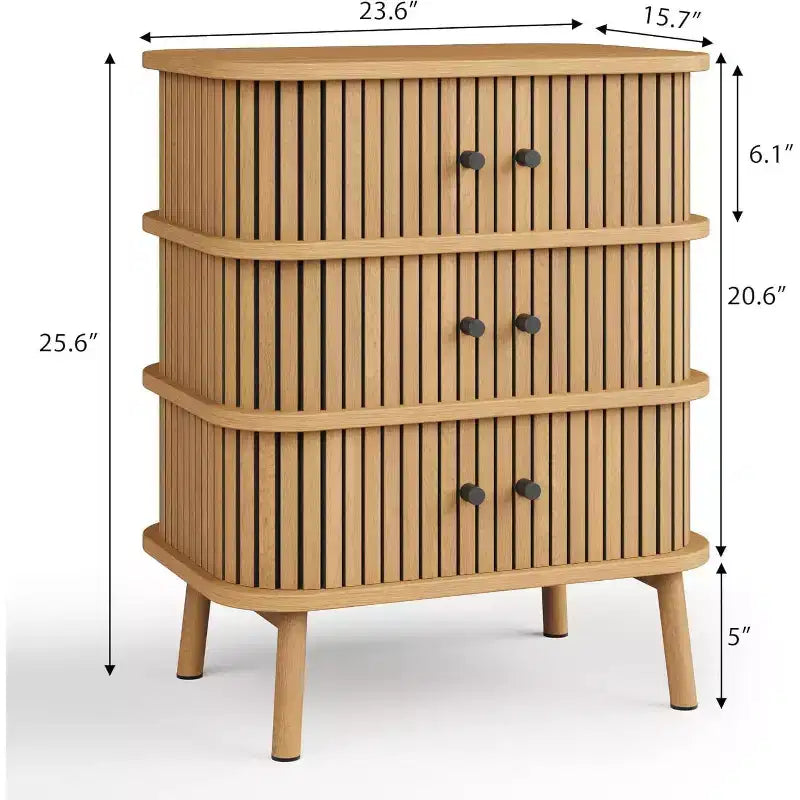 Mid Century Wicker 3-Drawer Dresser with Black Handles & Wood Legs for Bedroom & Hallway