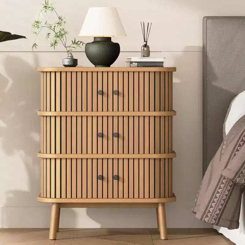 Mid Century Wicker 3-Drawer Dresser with Black Handles & Wood Legs for Bedroom & Hallway