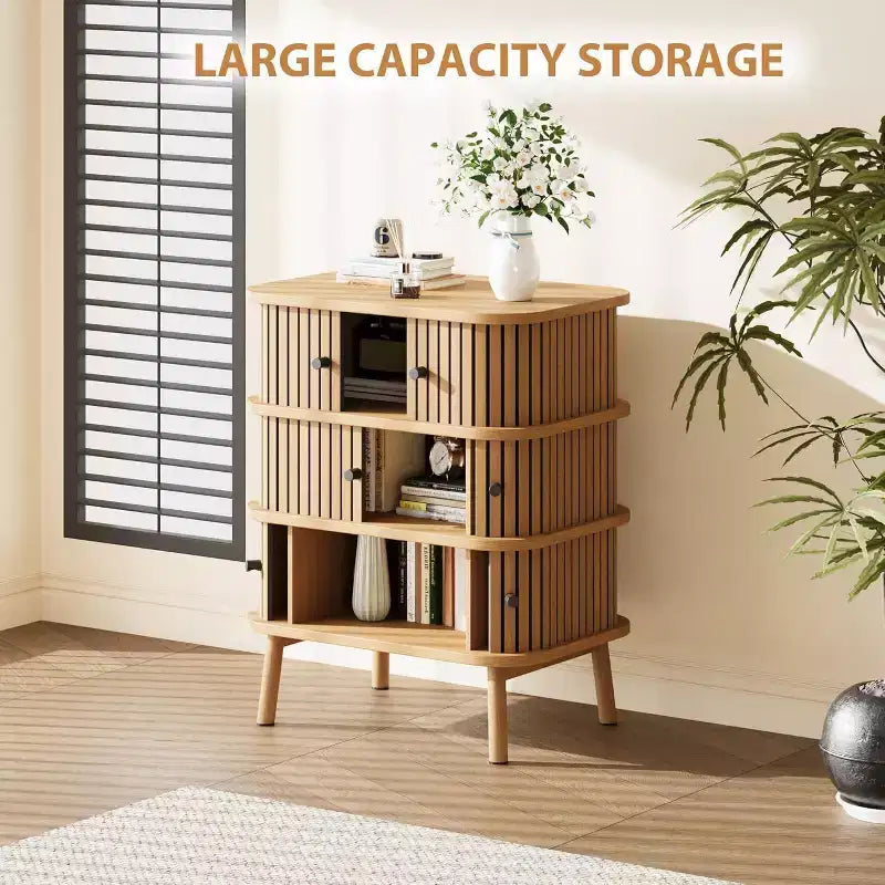 Mid Century Wicker 3-Drawer Dresser with Black Handles & Wood Legs for Bedroom & Hallway