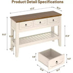 Tavolino consolle lungo 120 cm, tavolo da divano stretto in stile rustico con cassetti e ripiano inferiore per ingresso salotto e foyer, bianco rustico