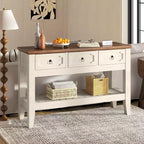 Tavolino consolle lungo 120 cm, tavolo da divano stretto in stile rustico con cassetti e ripiano inferiore per ingresso salotto e foyer, bianco rustico