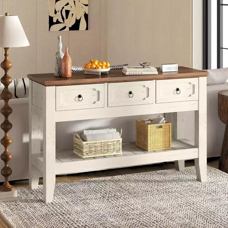 47in Long Console Table, Farmhouse Narrow Entryway Sofa Table with Drawers and Bottom Shel for Living Room Entrance Foyer, Rustic White