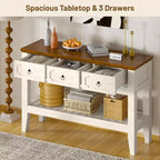 Tavolino consolle lungo 120 cm, tavolo da divano stretto in stile rustico con cassetti e ripiano inferiore per ingresso salotto e foyer, bianco rustico