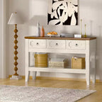 Tavolino consolle lungo 120 cm, tavolo da divano stretto in stile rustico con cassetti e ripiano inferiore per ingresso salotto e foyer, bianco rustico