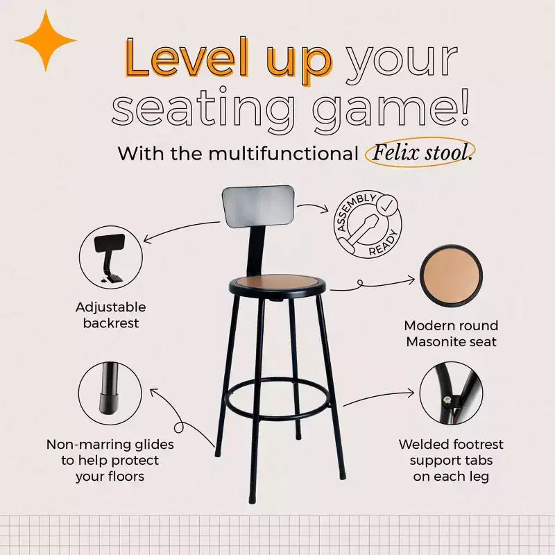 30" Steel Bar Stool with Low Backrest & Welded Footrest, Round Masonite Seat, Black