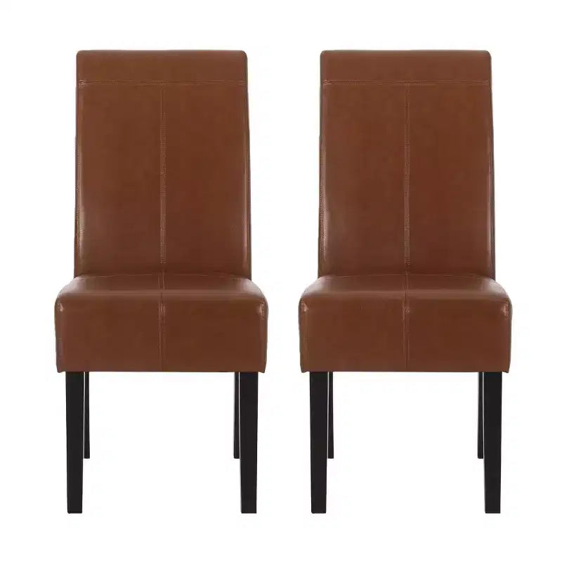 Set of 2 Faux Leather T-Stitch Upholstered Dining Chairs, High Back, Wood Legs, 300 LBS Capacity