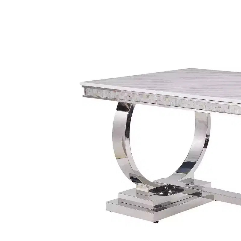 Faux Marble Top Rectangular Dining Table, Seats 6, Pedestal Base, White/Silver Finish