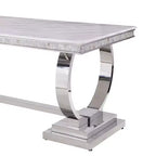 Tavolo da pranzo rettangolare con piano effetto marmo, 6 posti, base a piedistallo, finitura bianco/argento