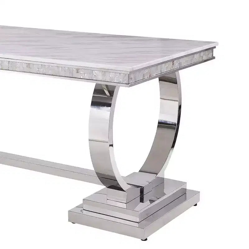 Faux Marble Top Rectangular Dining Table, Seats 6, Pedestal Base, White/Silver Finish