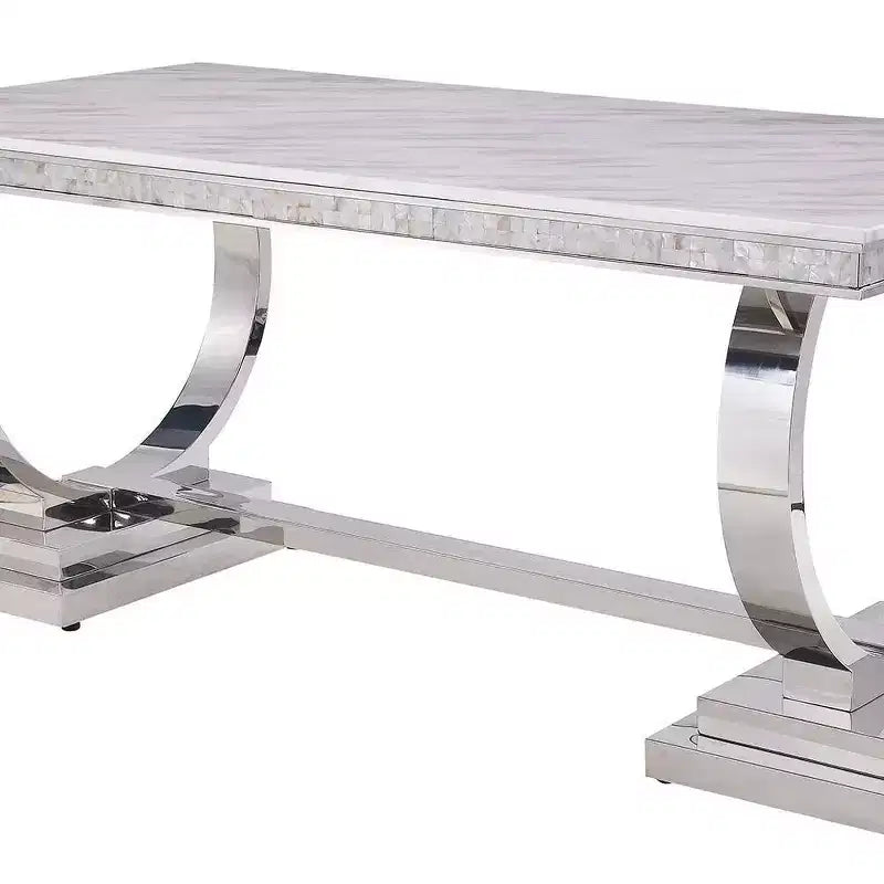 Faux Marble Top Rectangular Dining Table, Seats 6, Pedestal Base, White/Silver Finish