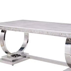 Tavolo da pranzo rettangolare con piano effetto marmo, 6 posti, base a piedistallo, finitura bianco/argento