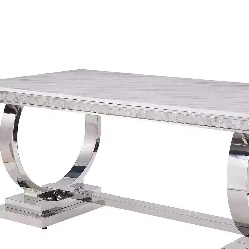 Faux Marble Top Rectangular Dining Table, Seats 6, Pedestal Base, White/Silver Finish