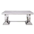 Tavolo da pranzo rettangolare con piano effetto marmo, 6 posti, base a piedistallo, finitura bianco/argento
