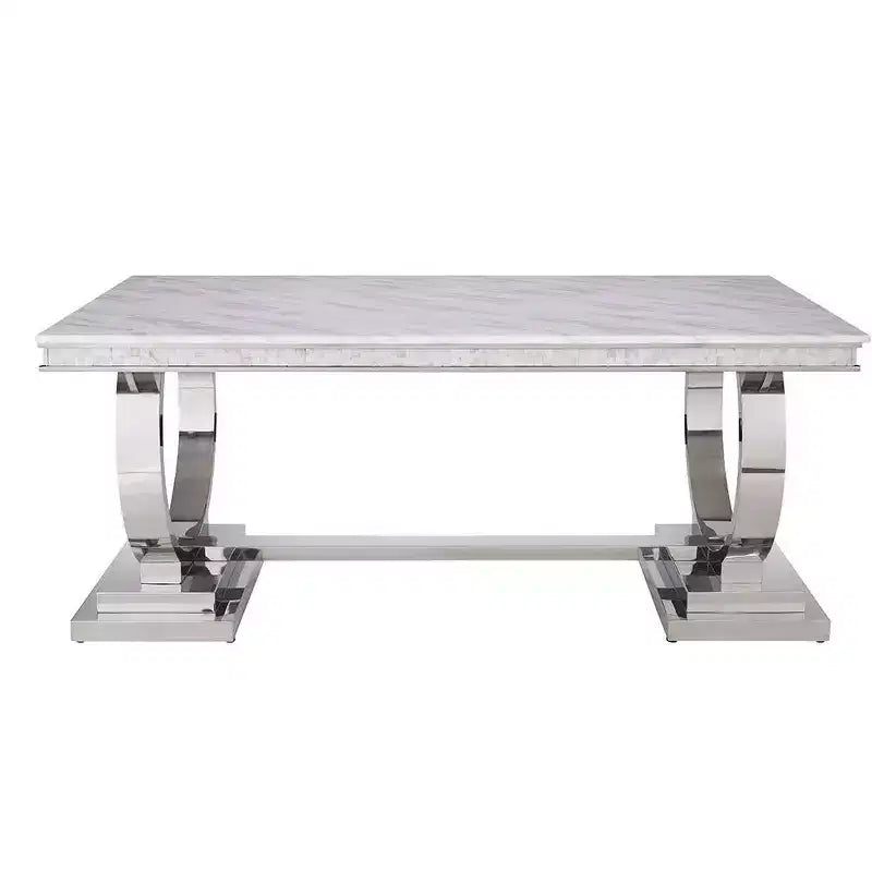 Tavolo da pranzo rettangolare con piano effetto marmo, 6 posti, base a piedistallo, finitura bianco/argento