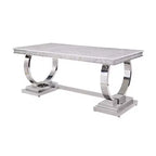 Tavolo da pranzo rettangolare con piano effetto marmo, 6 posti, base a piedistallo, finitura bianco/argento