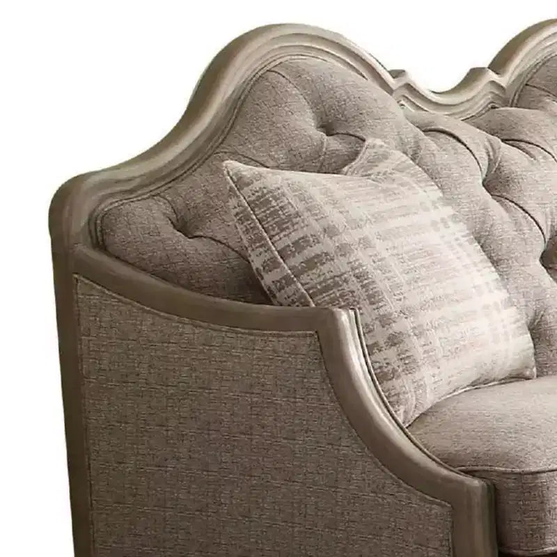 Tufted Camel-Back Loveseat with Cabriole Legs & 2 Pillows, Beige Fabric, Antique Taupe Finish