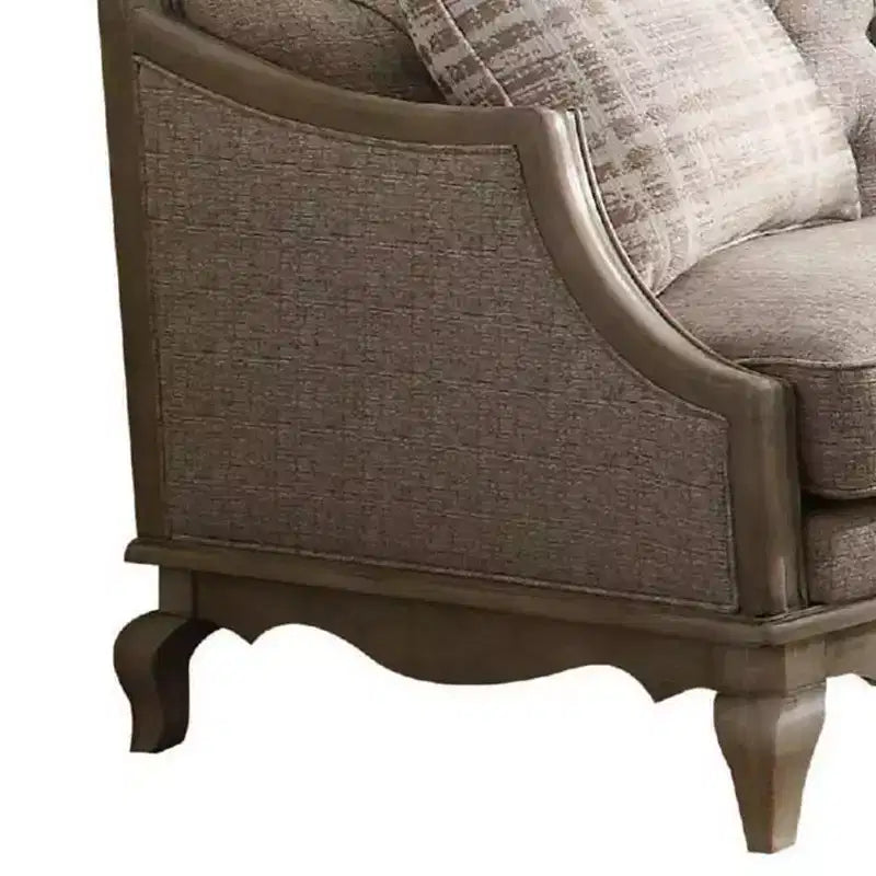 Tufted Camel-Back Loveseat with Cabriole Legs & 2 Pillows, Beige Fabric, Antique Taupe Finish