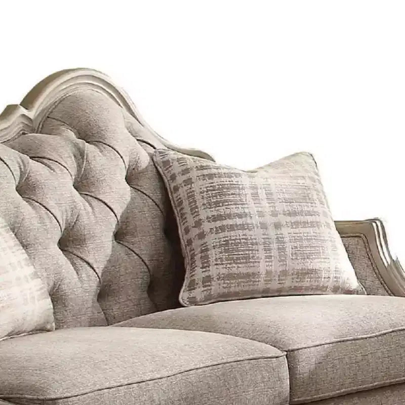 Tufted Camel-Back Loveseat with Cabriole Legs & 2 Pillows, Beige Fabric, Antique Taupe Finish