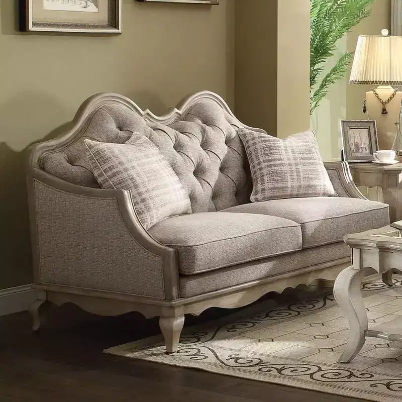 Tufted Camel-Back Loveseat with Cabriole Legs & 2 Pillows, Beige Fabric, Antique Taupe Finish