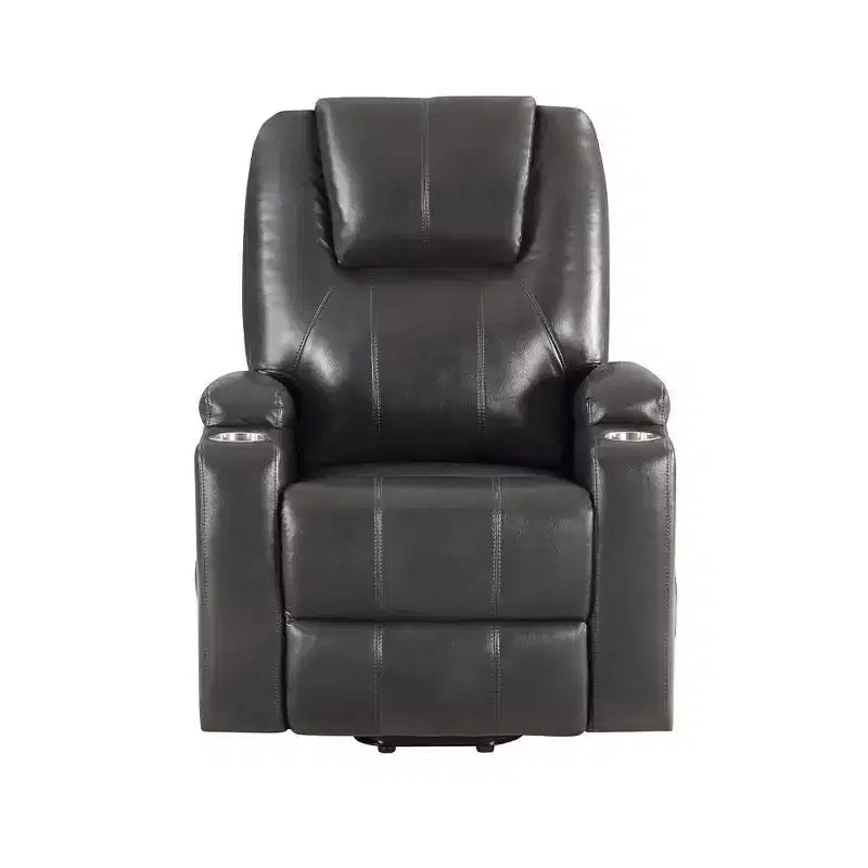 Power Lift Recliner Chair, Gunmetal Leather Aire, Pocket Coil Seat, 2 Cup Holders