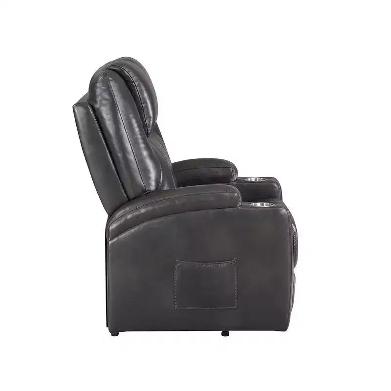 Power Lift Recliner Chair, Gunmetal Leather Aire, Pocket Coil Seat, 2 Cup Holders