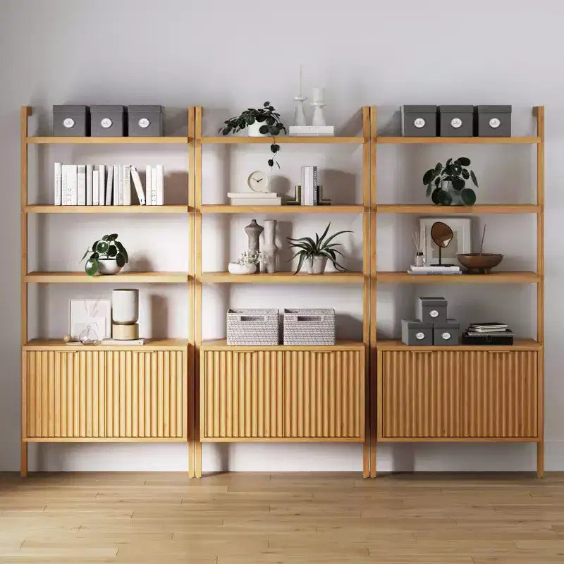 71.9" Mid-Century Modern Fluted Bookshelf Set of 3, Enclosed Cabinet, Brass Handles, Light Brown