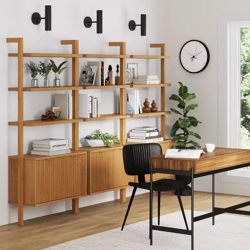 71.9" Mid-Century Modern Fluted Bookshelf Set of 3, Enclosed Cabinet, Brass Handles, Light Brown