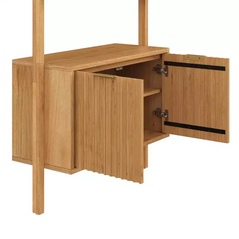 71.9" Mid-Century Modern Fluted Bookshelf Set of 3, Enclosed Cabinet, Brass Handles, Light Brown