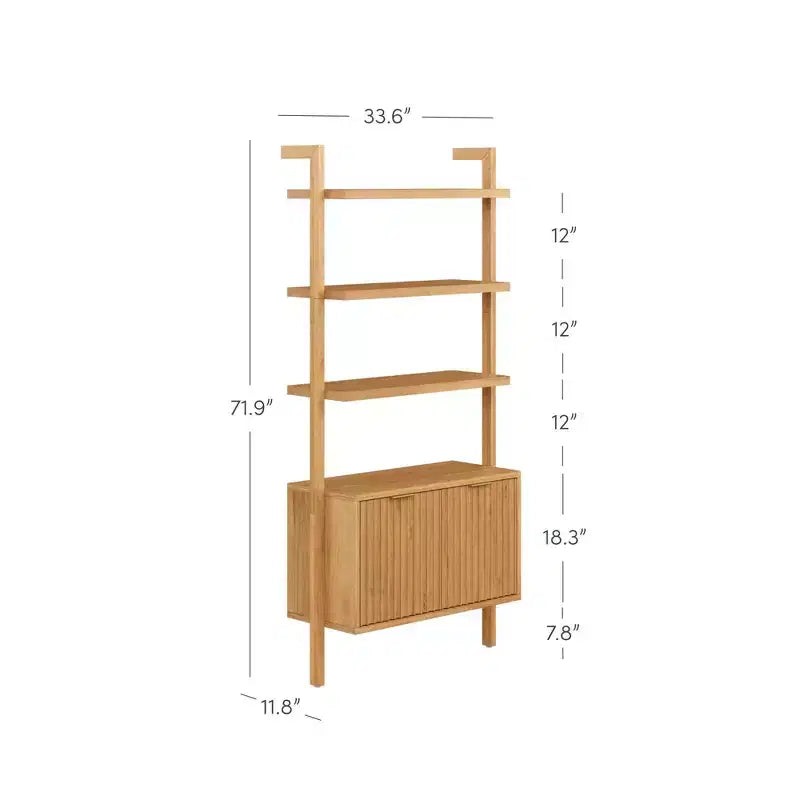 71.9" Mid-Century Modern Fluted Bookshelf Set of 3, Enclosed Cabinet, Brass Handles, Light Brown