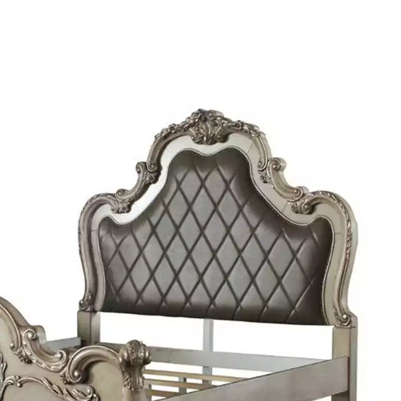 Queen 92" Tufted Faux Leather Platform Bed with Decorative Scrollwork & Carved Accents, Vintage Bone White
