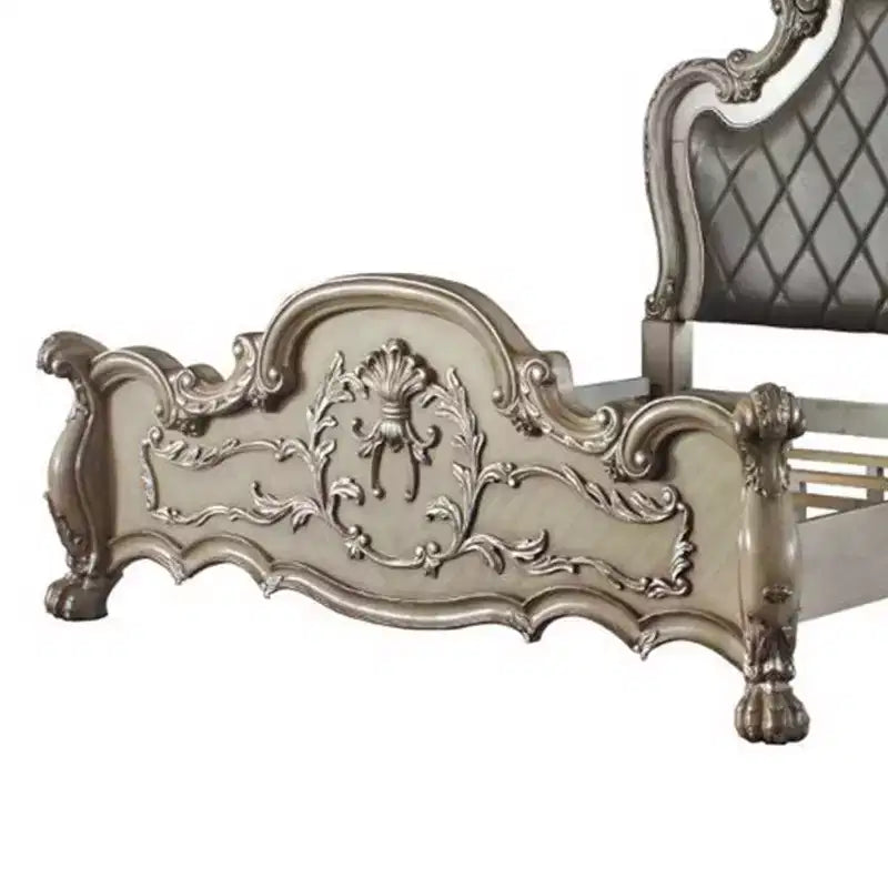 Queen 92" Tufted Faux Leather Platform Bed with Decorative Scrollwork & Carved Accents, Vintage Bone White