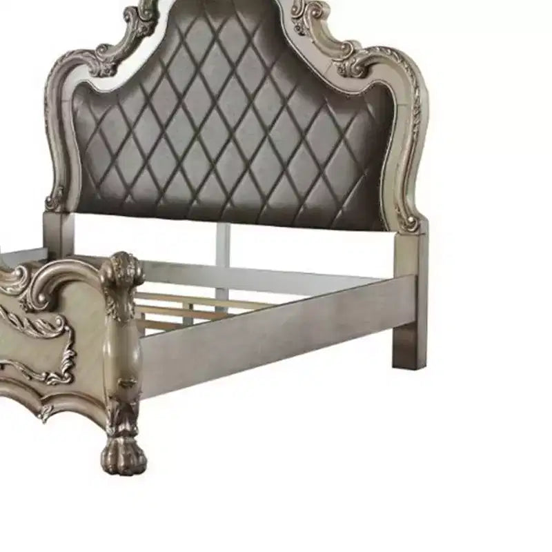Queen 92" Tufted Faux Leather Platform Bed with Decorative Scrollwork & Carved Accents, Vintage Bone White