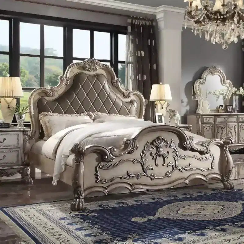 Queen 92" Tufted Faux Leather Platform Bed with Decorative Scrollwork & Carved Accents, Vintage Bone White