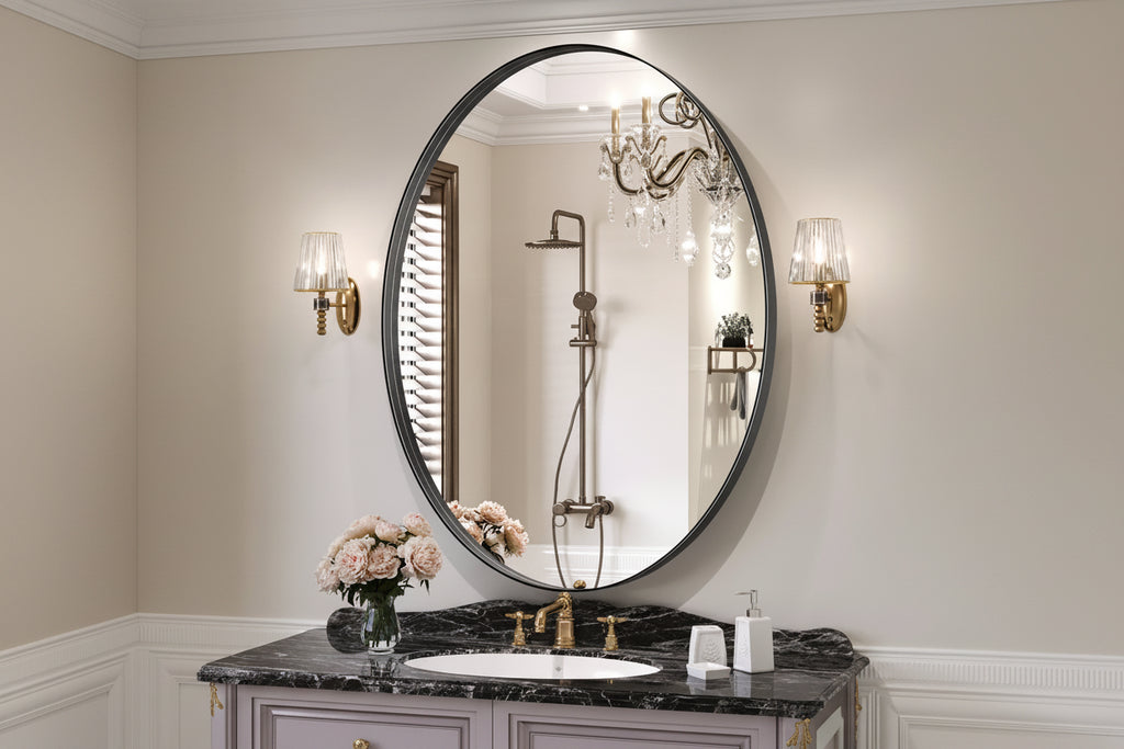 Specchio da bagno ovale con montaggio a parete, orizzontale e verticale, cornice in alluminio, diverse dimensioni