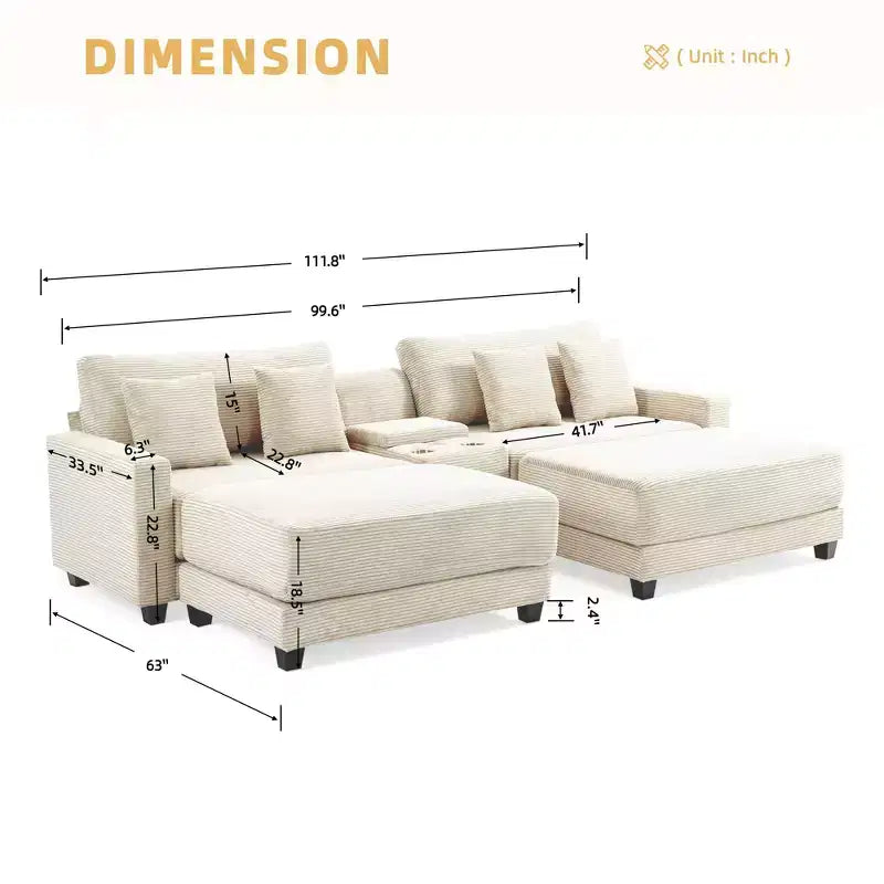 112" Corduroy Sectional Sofa with 2 Ottomans, Hidden Storage, Cup Holders & USB Charging Port, Seats 4