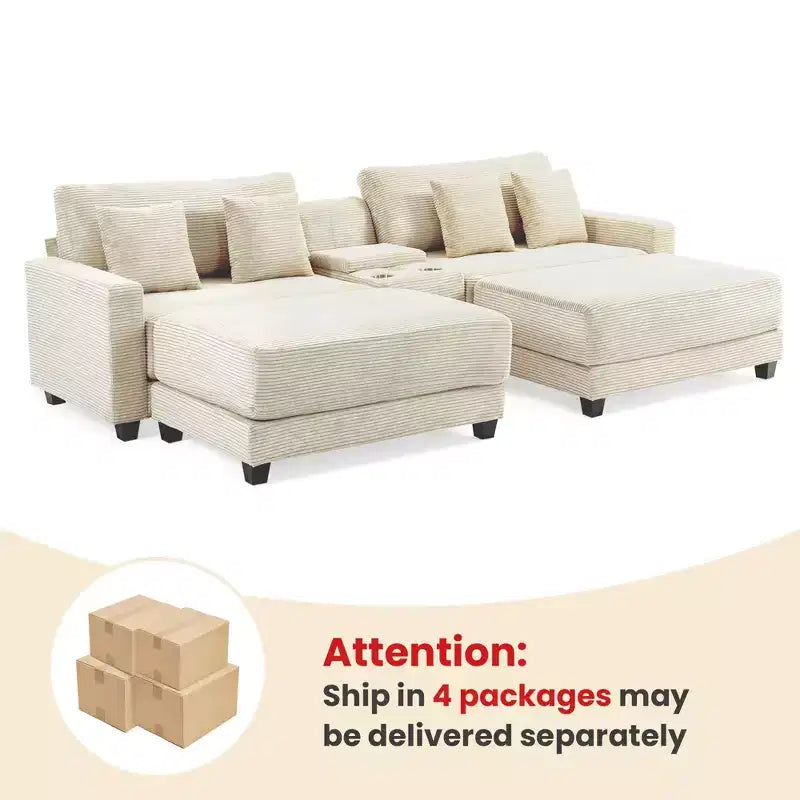 112" Corduroy Sectional Sofa with 2 Ottomans, Hidden Storage, Cup Holders & USB Charging Port, Seats 4