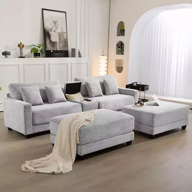 112" Corduroy Sectional Sofa with 2 Ottomans, Hidden Storage, Cup Holders & USB Charging Port, Seats 4