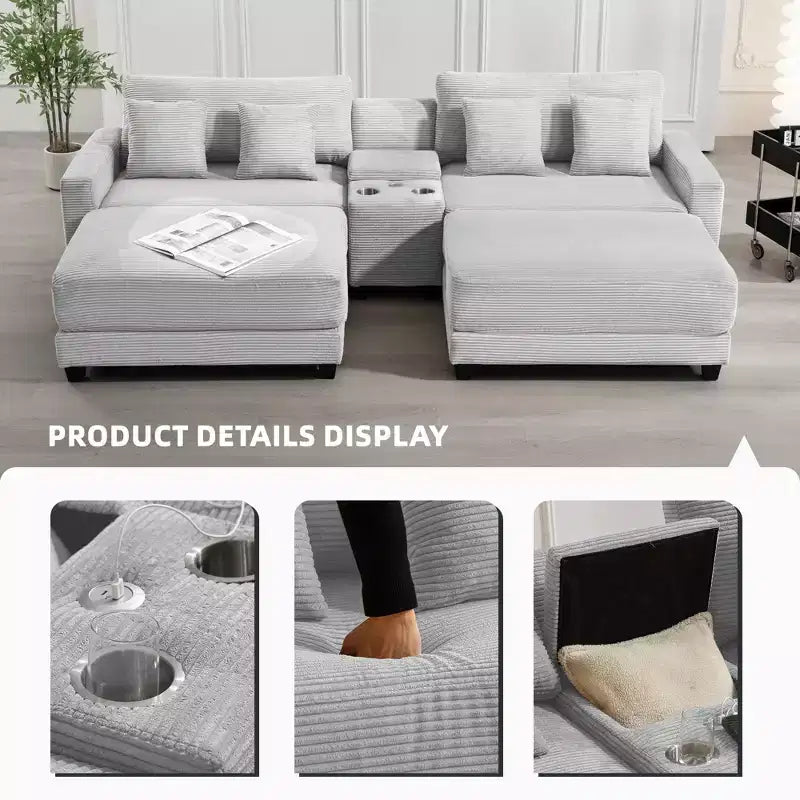 112" Corduroy Sectional Sofa with 2 Ottomans, Hidden Storage, Cup Holders & USB Charging Port, Seats 4