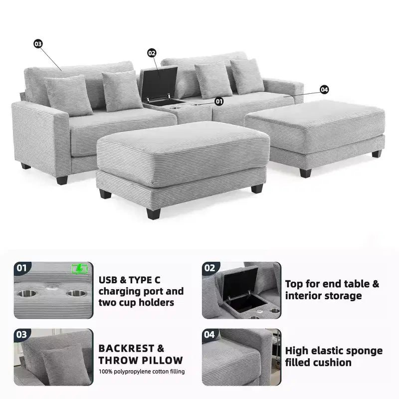 112" Corduroy Sectional Sofa with 2 Ottomans, Hidden Storage, Cup Holders & USB Charging Port, Seats 4