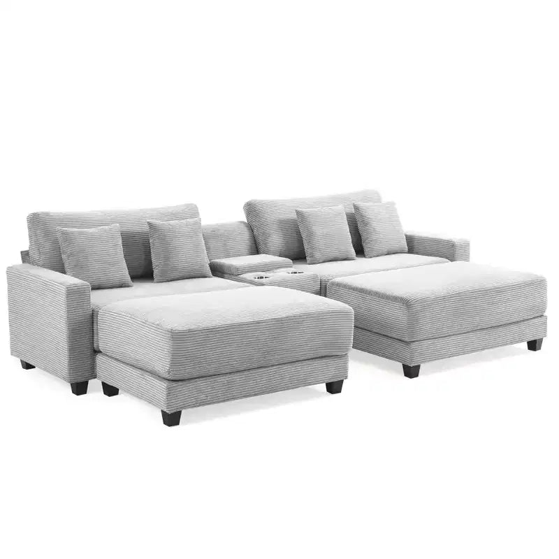 112" Corduroy Sectional Sofa with 2 Ottomans, Hidden Storage, Cup Holders & USB Charging Port, Seats 4
