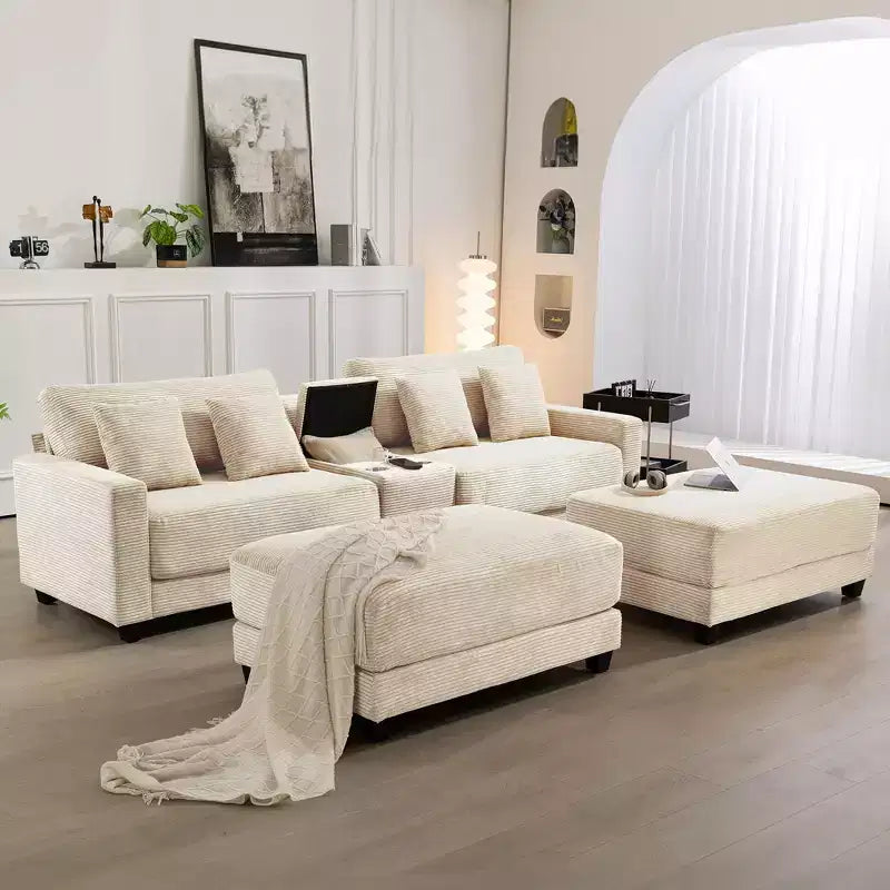 112" Corduroy Sectional Sofa with 2 Ottomans, Hidden Storage, Cup Holders & USB Charging Port, Seats 4